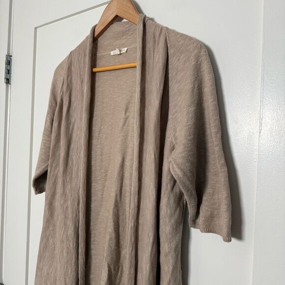 Eileen Fisher Open Cardigan Womens Sz M Tan Knit Short Sleeve Linen Blend Beach - Picture 2 of 9